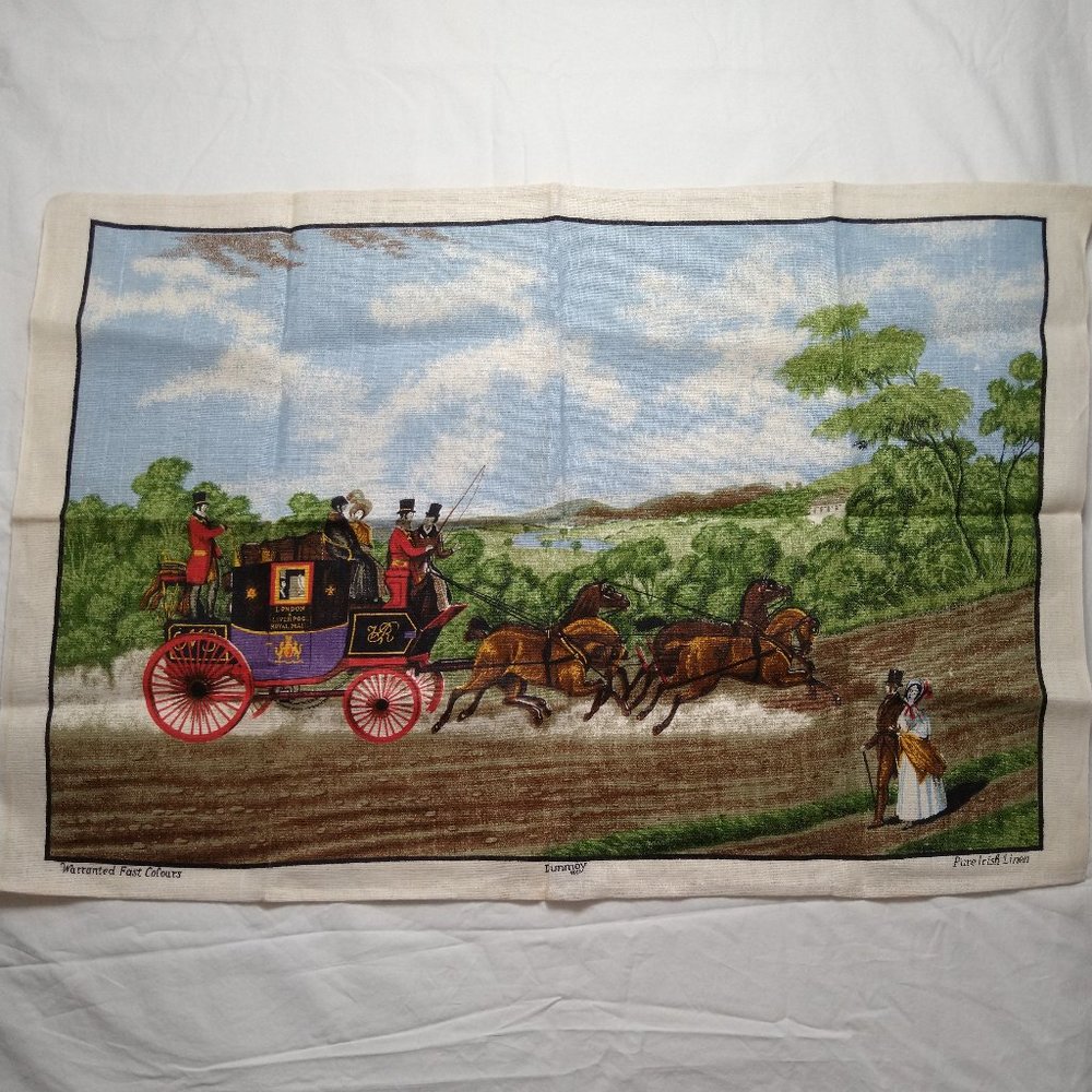 Vintage Dunmoy Tea Towel Pure Irish Linen Mail Carriage Scene Horses Victorian